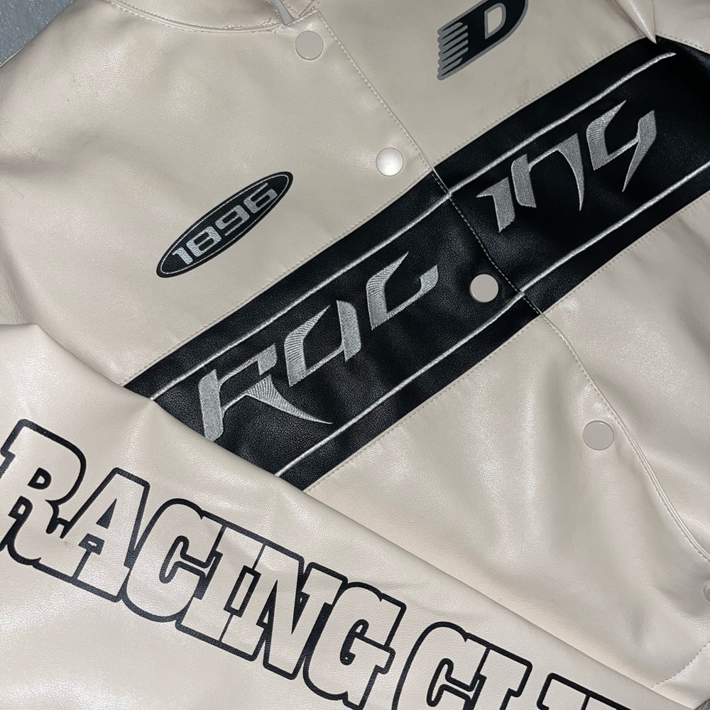 Racing Club Leather Jacket - Cream & Black Graphic